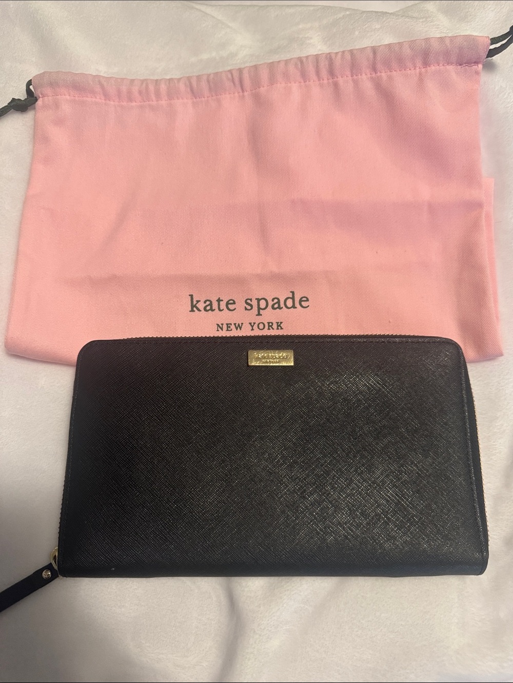 kate spade Black Saffiano Zip Wallet with Pink Dust Bag
